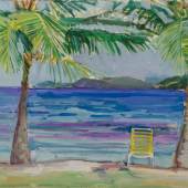 Patrick Angus, Untitled ( Beach, Tortuga, Hahiti ), ca. 1985, Wasserfarben auf Papier, 33 x 43,2 cm © Douglas Blair Turnbaugh