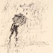 Paul Flora | Im Regen: Mann, vom Schirm halb verdeckt, geht gegen Regen, um 1946 | ALBERTINA, Wien © Nachlassvertretung für Paul Flora, Salzburg sowie Diogenes Verlag, Zürich 
