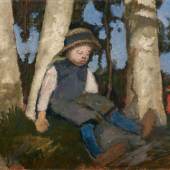 Paula Modersohn-Becker Sitzender Junge mit Strohhut unter Birken 1904 Öl auf Karton, auf Holzplatte montiert. 52,5 x 71,2 cm Schätzpreis € 250/300.000