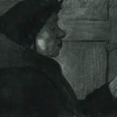 Paula Modersohn-Becker, Alte Frau im Profil nach rechts, einen Stock haltend, Worpswede 1898_99, Kohle, Privatbesitz