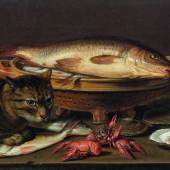 CLARA PEETERS (um 1590 Antwerpen um 1659) Stillleben mit Katze, Fischen, Austern und Krustentieren. Öl auf Holz. 34 x 48 cm. Verkauft für CHF 132 500