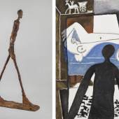 Links: Alberto Giacometti, Homme qui marche II (1960). Fondation Giacometti © Alberto Giacometti Succession  Rechts: Pablo Picasso, L’Ombre (1953). Musée national Picasso-Paris, © Succession Picasso 2021 Photo