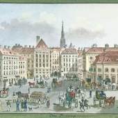 Balthasar Wigand (1771 – 1846) Reges Treiben auf der Freyung in Wien Aquarell auf Papier signiert und bezeichnet 9 x 17 cm