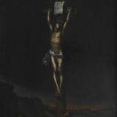 Deutscher Meister des 17. Jh Christus am Kreuz, mit Jerusalem im Hintergrund, bei Sonnenuntergang. Öl auf Leinwand, doubliert. 77 x 65 cm. Gerahmt. 