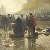 Herrmann, Hans d. J. (1858 Berlin - 1942 ebd.) Fischmarkt in Amsterdam. 1900. Öl auf Leinwand. 109 x 140, mit dem breiten, originalen Stuckdekorrahmen 157 x 196 cm. Rechts unten signiert und datiert. - Die imposante Größe dieses Gemäldes läßt den Schluß zu, dass es sich hier um ein Hauptwerk des Künstler oder eine Auftragsarbeit handelt. Lot 37  	 		7.000 EUR   (9.130 USD)  © Auktionshaus Quentin