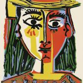 Pablo Picasso, einer Frau mit Pomponhut und bedruckter Bluse, 1962Farblinolschnitt, Motiv: 63 x 53 cm, Kunsthalle Bremen Der Kunstverein in Bremen, Succession Picasso / VG Bild-Kunst, Bonn 2020