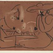 Pablo Picasso, Liegende Frau und Mann mit großem Hut, 1959 Farblinolschnitt, Motiv: 53,2 x 64,3 cm, Kunsthalle Bremen &ndash; Der Kunstverein in Bremen, &copy; Succession Picasso / VG Bild-Kunst, Bonn 2020