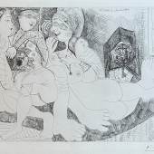 Pablo Picasso, Maison close. Bavardages, avec perroque, Célestine, et le portrait de Degas, 1971, Radierung, 36,7 x 49,4 cm, Pl.109 aus der Suite 156