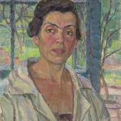 Marianne Fieglhuber-Gutscher Selbstporträt im Malermantel Öl/Leinwand 49 x 44 cm signiert Fieglhuber-G., datiert 1924 abgebildet in Fieglhuber-Gutscher, 2022, S.16., Abb 1. Preis: € 7.500,- 