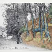 Post card ‘rue Daubigny, Auvers-sur-Oise’ covered with the painting ‘Tree Roots’ (1890) by Van Gogh, ©arthénon