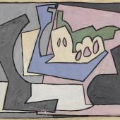 PABLO PICASSO Malaga 1881-1973 Mougins Corbeille et fruits Oben links signiert "Picasso" und datiert "20-6-20". Rückseitig nummeriert "1182.23", "3184", "V" und Zollstempel. Auf dem Deckkarton Etiketten "Said    CHF 380'000 / 440'000 EUR 316'667 / 366'667 USD 422'222 / 488'889