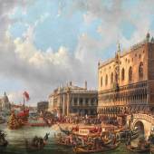Luigi Querena (Venedig 1824–1890) Der gesegnete Doge Francesco Morosini verlässt im Jahr 1693 Venedig, um auf der Peloponnes gegen die Türken zu kämpfen, Öl auf Leinwand, 132 x 190 cm; erzielter Preis € 528.000 
