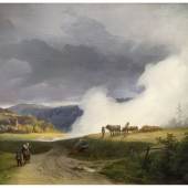 Ignaz Raffalt, "Voralpenlandschaft mit aufsteigendem Nebel", 1845, Öl auf Leinwand, 42,2 x 52,8 cm, Sammlung Neue Galerie Graz, Foto: Universalmuseum Joanneum/N. Lackner