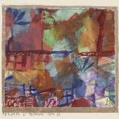 Paul Klee, Fenster und Palmen, 1914, 59 Aquarell und Gouache, teils ausgekratzt, über Grafitstift auf kreidegrundiertem Papier, mit Künstlermontage auf Metall- papier und Karton, 8,5 x 9,2 cm Kunsthaus Zür