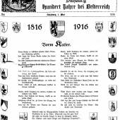 Titelblatt der Festschrift zum Jubilläum "Salzburg Hundert Jahre bei Österreich" der "Salzburger Chronik" vom 1. Mai 1916. ANNO/ 