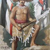 Titelblatt der Programmbroschüre „Unsere neuen Landsleute“ mit einem samoanischen Krieger vor deutschen Fahnen, 1900. © Stadtmuseum Berlin.