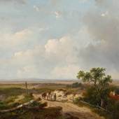 A164 / 3272 ANDREAS SCHELFHOUT (1787 Den Haag 1870) Landschaft mit Reisenden. 1849. Öl auf Holz. Signiert und datiert: Schelfhout. 49. 29,3x39,6 cm.  CHF 40 000 / 50 000