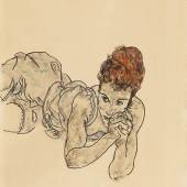 Egon Schiele (1890 - 1918) Liegende Frau, 1917, Gouache, schwarze Kreide auf Papier, Blattgröße 45 x 29,7 cm, Schätzwert € 700.000 - 1.200.000 Auktion 21. November 2017