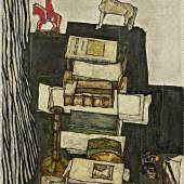 Egon Schiele Stillleben mit Büchern (Schreibtisch des Künstlers), 1914 Öl auf Leinwand, 117,5 x 78 cm Leopold Museum, Wien