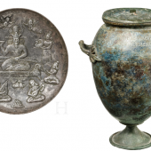 Links: Die sasanidische Schale vom Ende des 6. bzw. Anfang des 7. Jahrhunderts; Rechts:  Urne stammt aus dem römischen Reich des 1. Jhdts. n. Chr.  25.000 € 