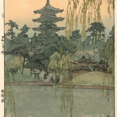 Yoshida Hiroshi (1876-1950)  Herabhängende Weidenzweige geben den Blick frei auf den Sarusawa-Teich und die Pagode des Kôfukuji-Tempels in Nara.  Titel: Sarusawa ike  - Sarusawa Pond (Der Sarusawa-Teich)