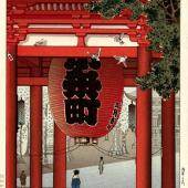 Tsuchiya Kôitsu (1870-1949)  Ein Blick durch das große Tor – Niô-mon oder Hôzô-mon genannt – des Sensôji-Tempels in Asakusa, Tokio, auch bekannt als Asakusa Kannon-(bzw. Kanzeon) oder Kinryûzan-Tempel, mit seiner riesigen Laterne.