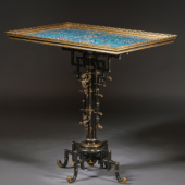 Ferdinand Barbedienne (1810 – 1892); the designattributed to Édouard Lièvre (1828 – 1886)A ‘Japonisme’ Patinated TableCirca 1870Chinese enamel; gilt and patinated bronze89 x 87 x 56 cm (35 x 34 x 22 in.) PRESENTED BY ADRIANALAN LTD