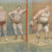 Henri Gabriel Ibels, Drei Athleten (Ringer?) auf einer Bühne , ca. 1892/93 Fchkarbige Kreide auf blaugrünem Papier, 32,4 x 42,1 cm, Kunsthalle Bremen – Der Kunstverein in Bremen, Kupferstiabinett