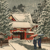 Kawase Hasui (1883-1957)  Zwei Frauen unter ihren Schirmen bei fallendem Schnee an einem Wintertag, unterwegs zum Haupteingang des Hie-Schreins in Chiyoda-ku in Tokio.