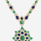 Heritage Necklace and Clip PendantNecklace1971Yellow gold, 13 carved emeralds for about 35.52 carats (Colombiaand Russia), 14 carved sapphires for about 32.17 carats (Burma) diamonds  (c) PHOTO COURTESY OF VAN CLEEF & ARPELS