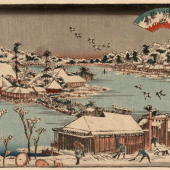   Keisai Eisen (1790-1848)  Ansicht des Benten-Schreins auf der kleinen Insel im Shinobazu-Teich in Ueno, an einem Winterabend im Schnee.  Titel: Shinobugaoka no bosetsu (Abendschnee in Shinobugaoka, d. i. am Shinobu-Hügel)