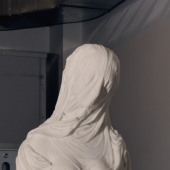 Barry X Ball’s in-progress “wounded” Purity (2008–2023) sculpture with integral base-top of pure white, veinless “Michelangelo” Carrara marble (after Antonio Corradini’s La Purità (Dama Velata) (1720–25). Photo: Vincent Tullo.