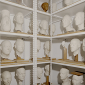 In Barry X Ball’s studio, the “Gipsoteca,” featuring Forton Plaster models derived from life-casts of art world figures and traditional clay modeling appurtenances for Ball’s ongoing “Portrait Sculpture” series. Photo: Vincent Tullo.