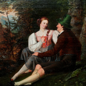  Junges Paar im Wald. Öl auf Leinwand. Nicht sign. und dat. (um 1830). 30 x 39 cm. – Gerahmt. (64) Startpreis: 1.500,- €