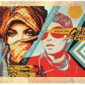 Shepard Fairey, Golden Future, 2017, silk screen and mixed media collage on paper, hand painted multiple, 85x121 cm, 33,5 in x 47,5 in