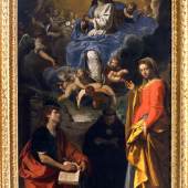 Simone Cantarini, Unbefleckte Empfängnis mit den Heiligen Johannes dem Evangelisten, Nikolaus von Tolentino und Euphemia (um 1632-1635; Öl auf Leinwand, 244 × 140 cm; Bologna, Pinacoteca Nazionale, Inv. 435)