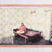 pandita Malik Kirna Devi Nari series, 2020 Photographic transfer print on Khaddar Fabric, Phulkari Silk thread embroidery 11.5 x 16 in Courtesy the artist and indigo+madder, London