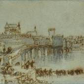 London International Fine Art Fair at Olympia, 4-13 June 2010 JOSEPH MALLORD WILLIAM TURNER, R.A. (LONDON 1775 - LONDON 1851) The Bridge at Vernon, from Vernonnet pen and brown ink with pencil on blue paper 13.6 x 19.2 cm (5&#8540; x 7½ in) Courtesy of Sphinx Fine Art