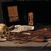 Leidener Meister, Vanitas-Stillleben mit zwei Violinen, Spiegel und Totenkopf, um 1635