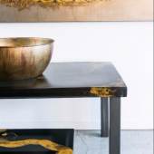 Sturdy Dining Table and Bench in Grey & Gold Resin by Martha Sturdy. Credit Claudette Carracedo 