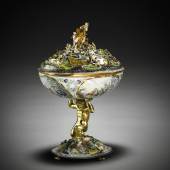 Lot 8 SOUTH GERMAN, AUGSBURG, AROUND 1600 THE ROTHSCHILD ORPHEUS CUP with a torn paper label underneath: Baron L. Rothschild gold, enamel and rubies 18.5cm., 7¼in. Est. £600,000 GBP - 800,000