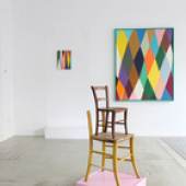Foreground: Michael Huey, Piggyback 2022, Two Viennese wooden chairs, ca. 1900, painted wooden socle (executed Nikolaus Fuchs), 110 x 52,5 x 52,5 cm. Photo: Michael Huey