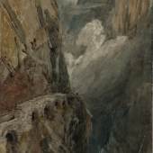 Joseph Mallord William Turner, The Schollenen Gorge from the Devil’s Bridge. Pass of St Gotthard, 1802 Graphit, Aquarell und Gouache auf Papier, 47 x 31.4 cm, © Tate, London, 2019