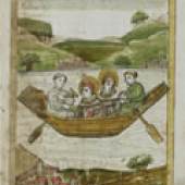 Überfahrt der Hl. Gallus und Kolumban von Arbon nach Bregenz, 1452 Miniatur aus einer Handschrift,
Stiftsbibliothek St. Gallen