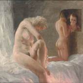 Ungarischer Maler des 20. Jh. Undeutl. sign. Zwei Mädchenakte auf einem Bett. Öl/Lwd. 70 x 80 cm. R