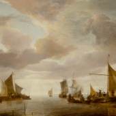 Jan Van De Cappelle  A shipping scene on a calm sea, with a number of vessels and figures, and a jetty on the left signed with monogram lower right, on boat: IVC oil on panel 24½ by 32¾ in.; 62.2 by 83.2 cm. Estimate $4/6 million