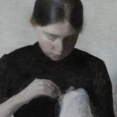 Vilhelm Hammershøi (1864-1916): Ein junges nähendes Mädchen,1887, Öl auf Leinwand, 37 x 35 cm © Ordrupgaard Museum
