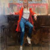 Vinzenz Schüller, Barszene mit roter Jacke Barszene mit roter Jacke, Öl auf Leinwand, 2023. 80&60 cm. 2.500 €