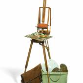 Vivien Leigh’s canvas artist's bag containing a wooden box with oil paints and a travelling folding easel Estimate £800-1,200