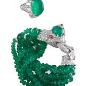 Platinum, Diamonds & Emerald ring. Dragon Bracelet, in Platinum, Diamonds, Emerald beads and Rubies Courtesy of David Webb,
New York